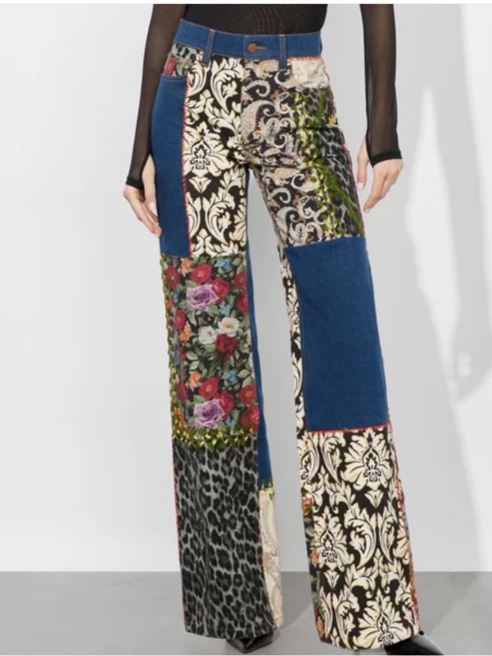 Alice + Olivia Multicolor Patchwork Flare Jeans - Blue, Black, Floral